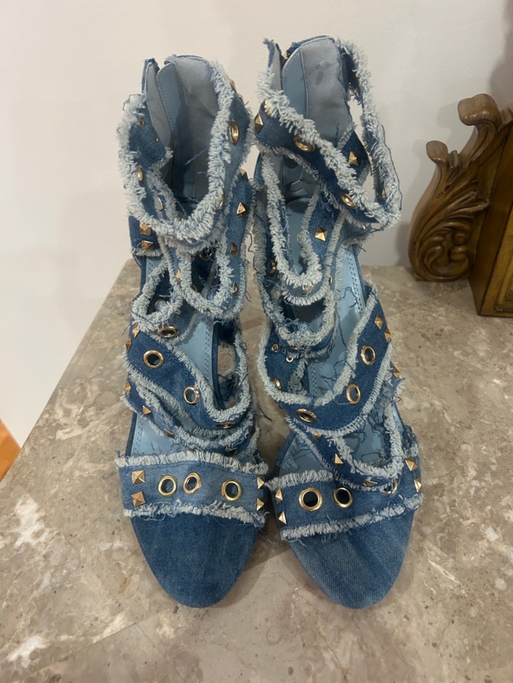 Frayed Denim Stud Gladiator Heels - Blue